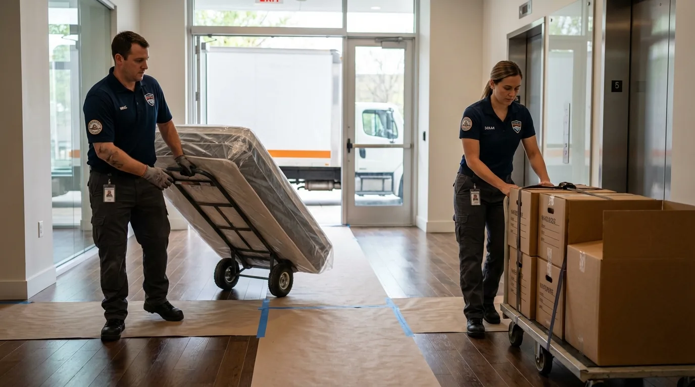 Professional apartment movers loading elevator in Taneytown, MD